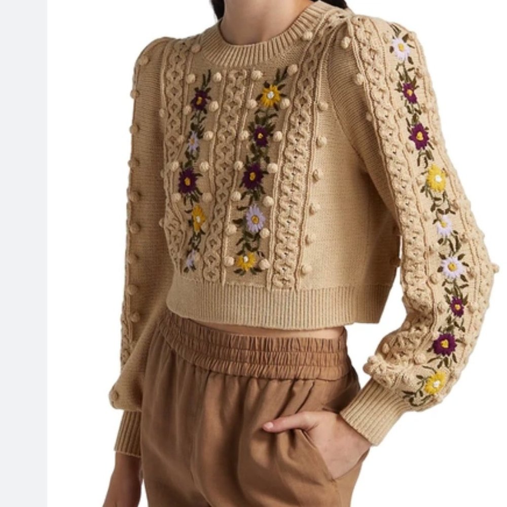 Alice + Olivia Puff Sleeve Floral Embroidery Cardigan Sweater
